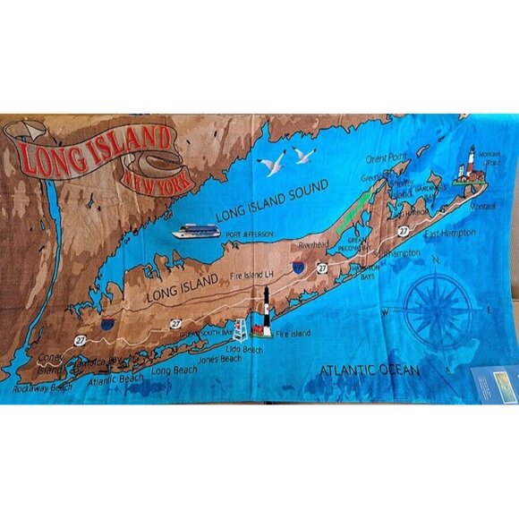 New Long Island Map Bath Beach Pool Gift Towel New York Ocean Beaches 60x30 NIP - Picture 1 of 3